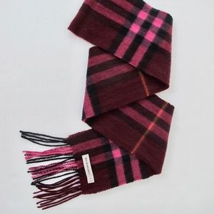 Burberry Scarf Rare Raspberry Cashmere Plaid Skinny Long Fringe made in Scotland
